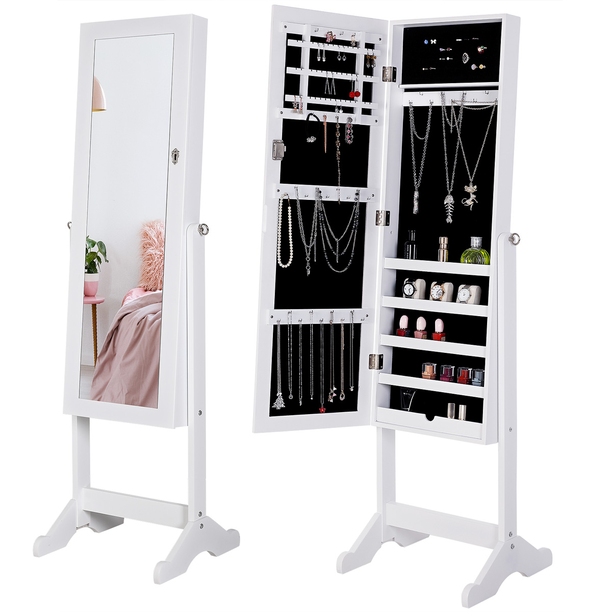 Armoire à bijoux sur pied avec miroir blanc Rangement accessoires